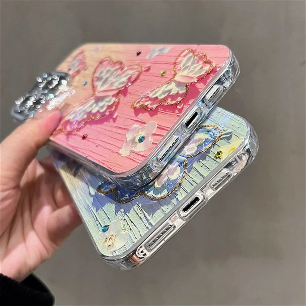 For iPhone 14 Pro Cover Oil Painting Butterfly PC+TPU IMD Phone Case with PC Lens Film - Pink - 4