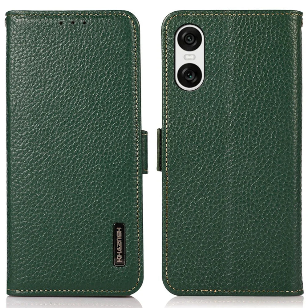 KHAZNEH For Sony Xperia 10 VI Case Genuine Cow Leather Phone Cover RFID Blocking Wallet - Green - 1