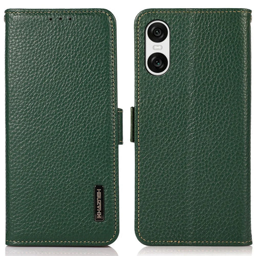 KHAZNEH For Sony Xperia 10 VI Case Genuine Cow Leather Phone Cover RFID Blocking Wallet - Green - 1