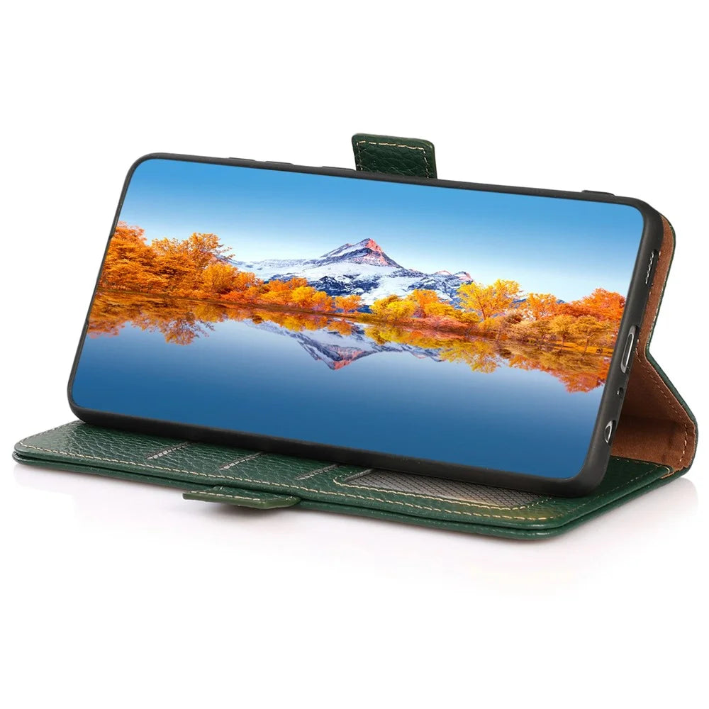 KHAZNEH For Sony Xperia 10 VI Case Genuine Cow Leather Phone Cover RFID Blocking Wallet - Green - 3