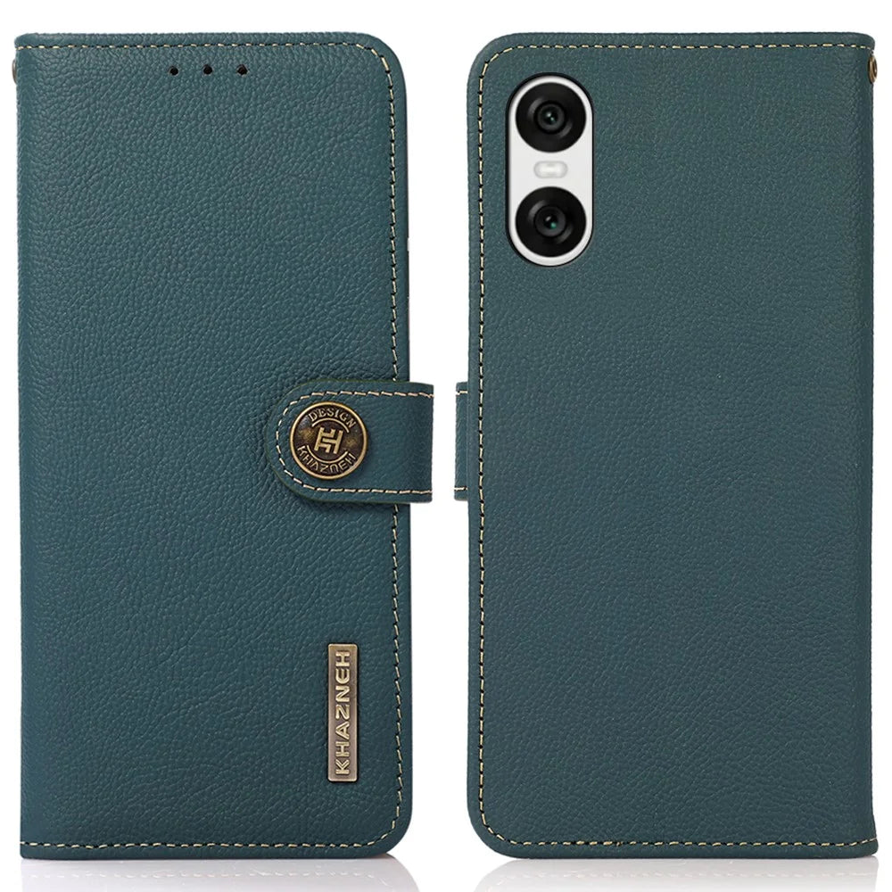 KHAZNEH For Sony Xperia 10 VI Case Genuine Cow Leather RFID Blocking Card Slot Folio Flip  Phone Cover - Green - 1