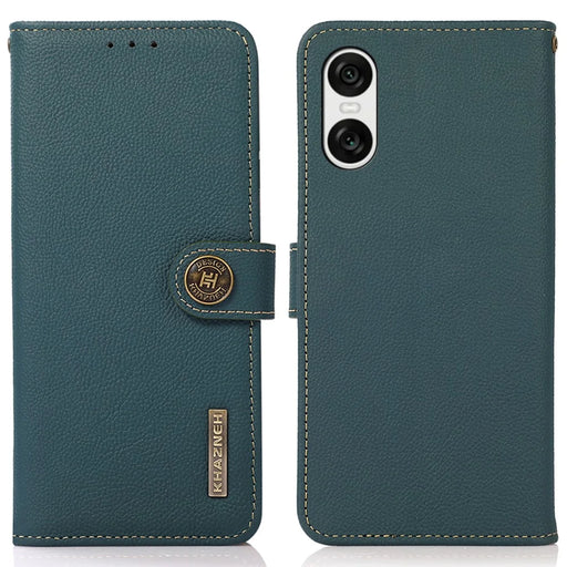 KHAZNEH For Sony Xperia 10 VI Case Genuine Cow Leather RFID Blocking Card Slot Folio Flip  Phone Cover - Green - 1