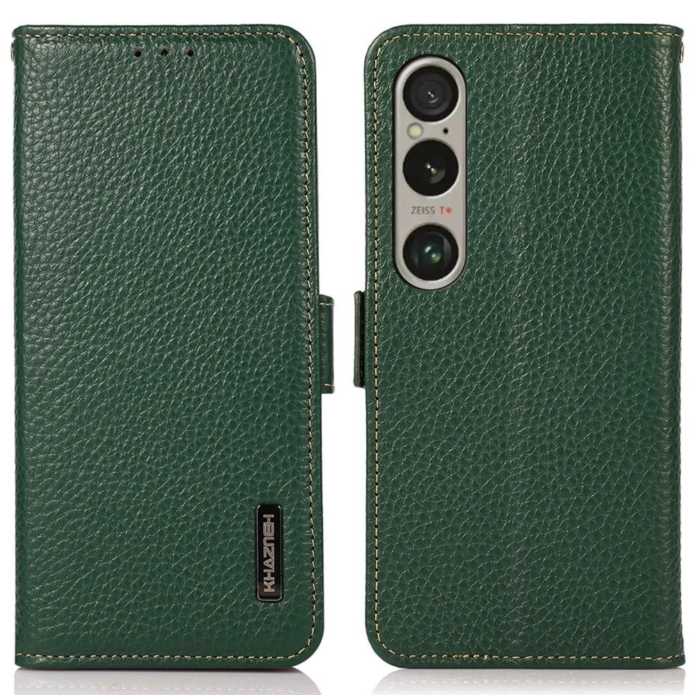 KHAZNEH For Sony Xperia 1 VI Case Side-Magnetic Genuine Cow Leather RFID Blocking Cover - Green - 1