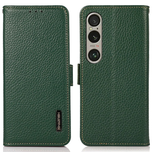 KHAZNEH For Sony Xperia 1 VI Case Side-Magnetic Genuine Cow Leather RFID Blocking Cover - Green - 1
