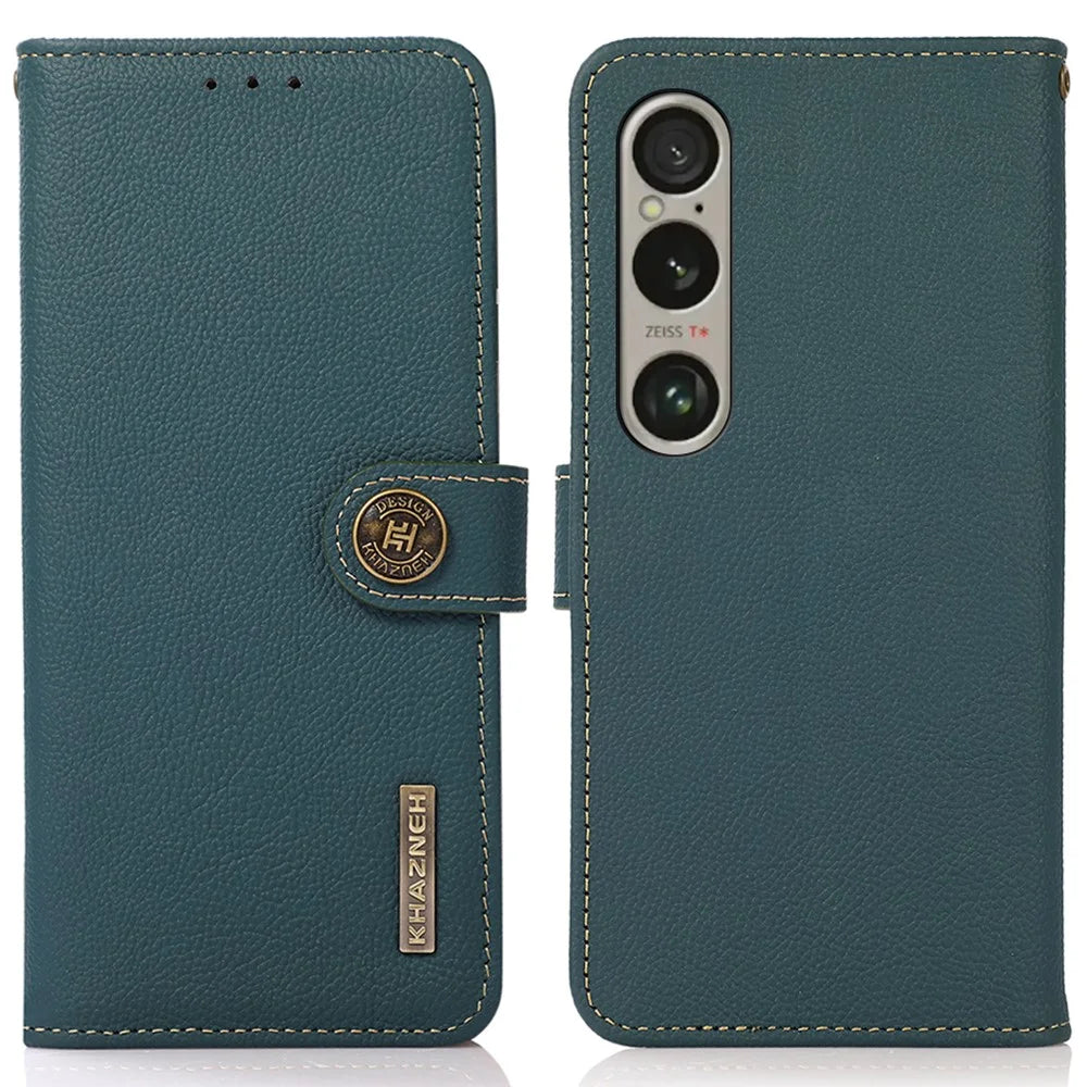 KHAZNEH For Sony Xperia 1 VI Case Wallet RFID Blocking Genuine Cow Leather Phone Cover - Green - 1