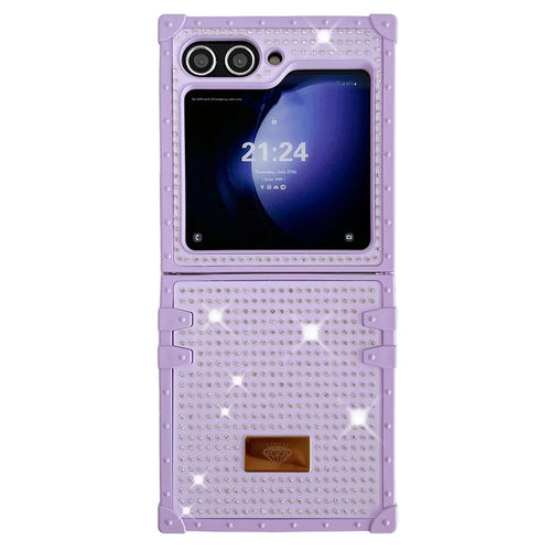 For Samsung Galaxy Z Flip5 5G Phone Case Rhinestone Decor TPU+PC Diamond Pattern Metal Badge Cover - Purple - 1