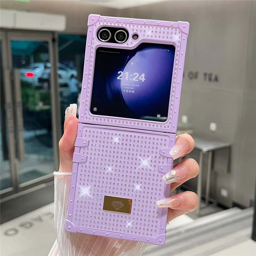 For Samsung Galaxy Z Flip5 5G Phone Case Rhinestone Decor TPU+PC Diamond Pattern Metal Badge Cover - Purple - 2