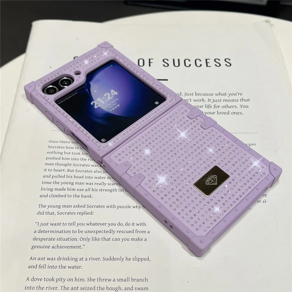 For Samsung Galaxy Z Flip5 5G Phone Case Rhinestone Decor TPU+PC Diamond Pattern Metal Badge Cover - Purple - 3