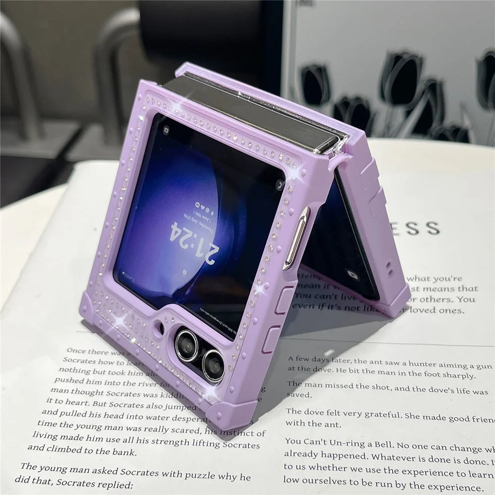 For Samsung Galaxy Z Flip5 5G Phone Case Rhinestone Decor TPU+PC Diamond Pattern Metal Badge Cover - Purple - 4