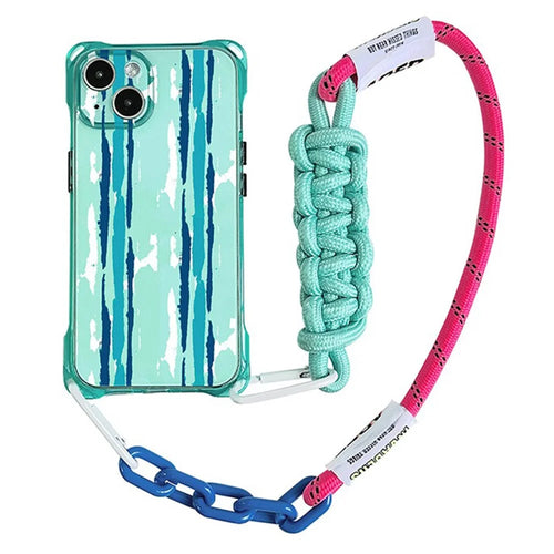 For iPhone 15 Green Shockproof Phone Case Pattern Design TPU Phone Cover with Carrying Strap - 1