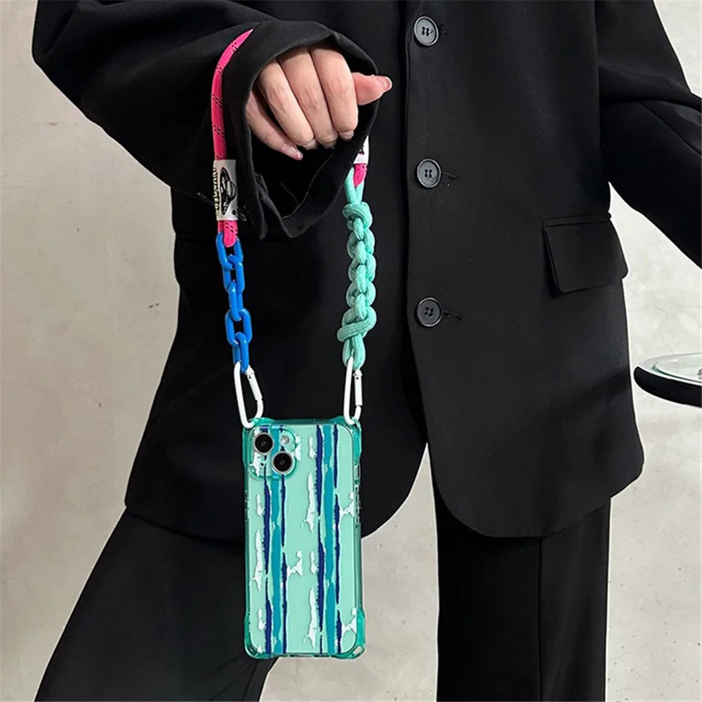 For iPhone 15 Green Shockproof Phone Case Pattern Design TPU Phone Cover with Carrying Strap - 4