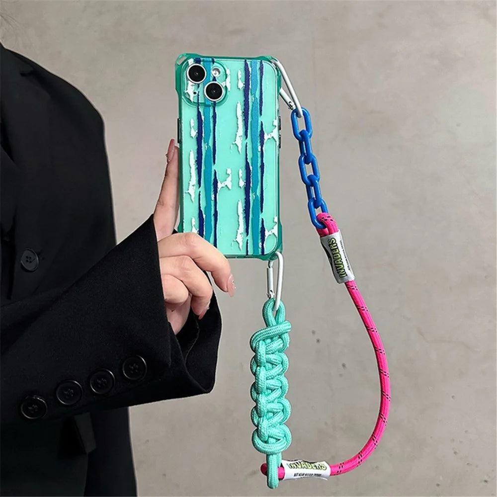 For iPhone 15 Green Shockproof Phone Case Pattern Design TPU Phone Cover with Carrying Strap - 5