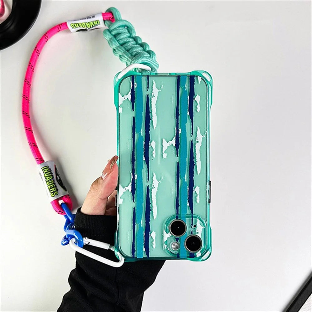 For iPhone 15 Green Shockproof Phone Case Pattern Design TPU Phone Cover with Carrying Strap - 7