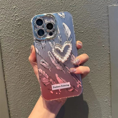 For iPhone 14 Pro Max Cases Heart Shape Pearl Acrylic+TPU+Tempered Glass Lens Film Phone Cover - Black Feather - 1