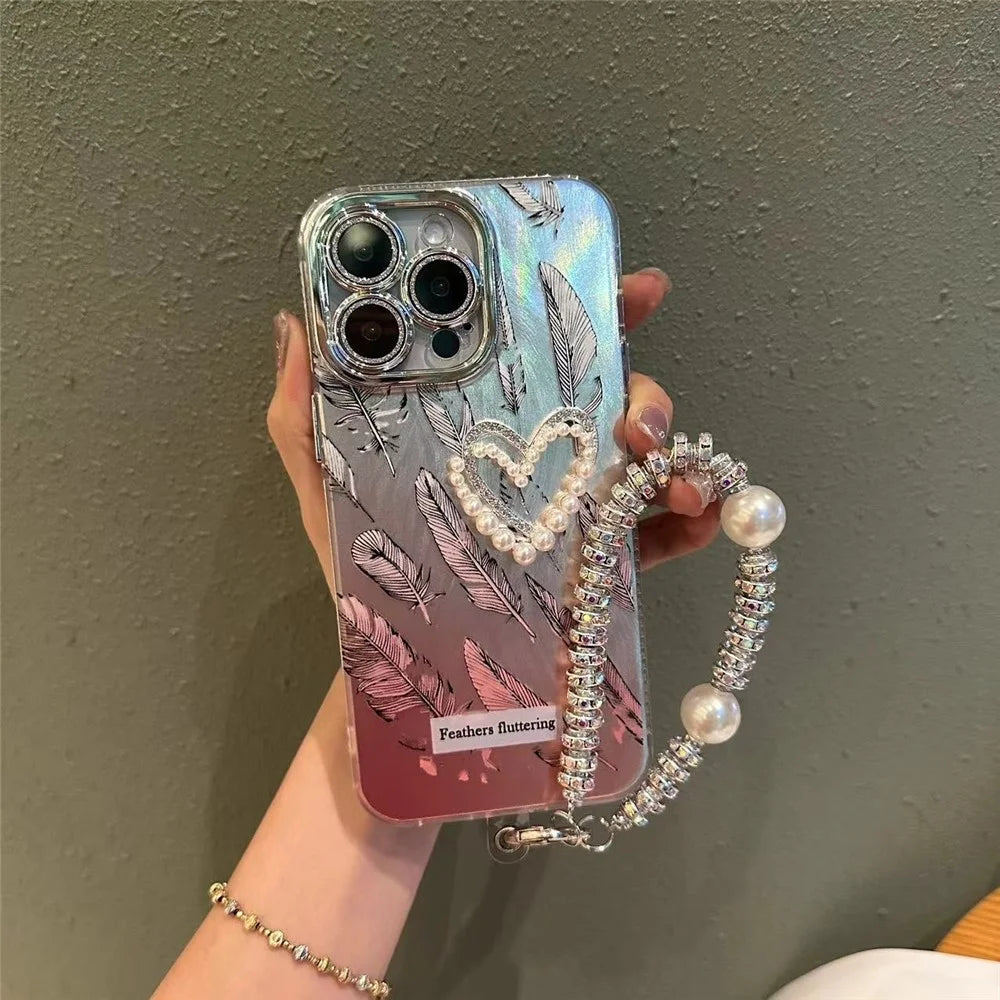 For iPhone 14 Pro Max Cases Heart Shape Pearl Acrylic+TPU+Tempered Glass Lens Film Phone Cover - Black Feather - 2