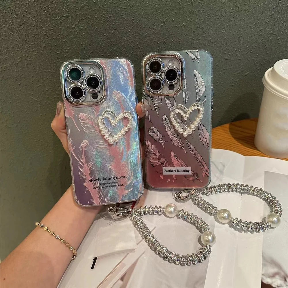 For iPhone 14 Pro Max Cases Heart Shape Pearl Acrylic+TPU+Tempered Glass Lens Film Phone Cover - Black Feather - 4