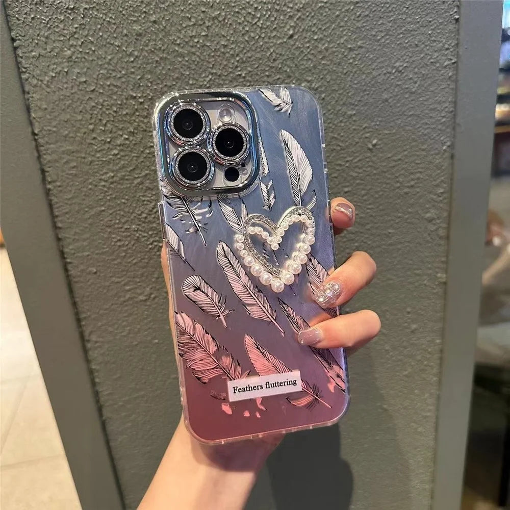 For iPhone 14 Pro   Phone Cases Heart Shape Pearl Acrylic+TPU+Tempered Glass Lens Film Phone Cover - Pink Feather - 3