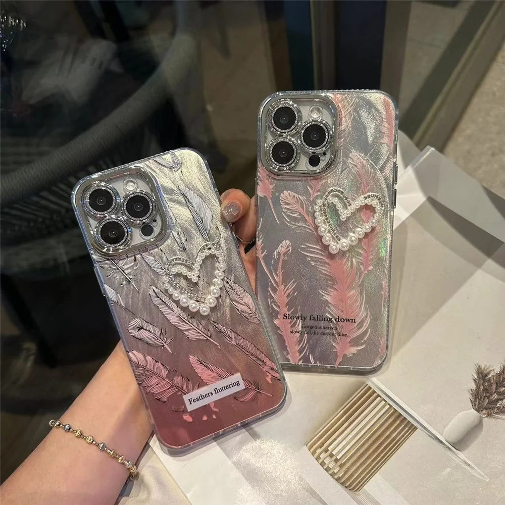 For iPhone 14 Pro   Phone Cases Heart Shape Pearl Acrylic+TPU+Tempered Glass Lens Film Phone Cover - Pink Feather - 5