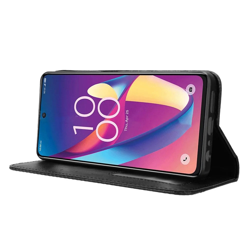 For TCL 50 XL 5G Case Retro PU Leather Wallet Phone Cover with Viewing Stand - Black - 3