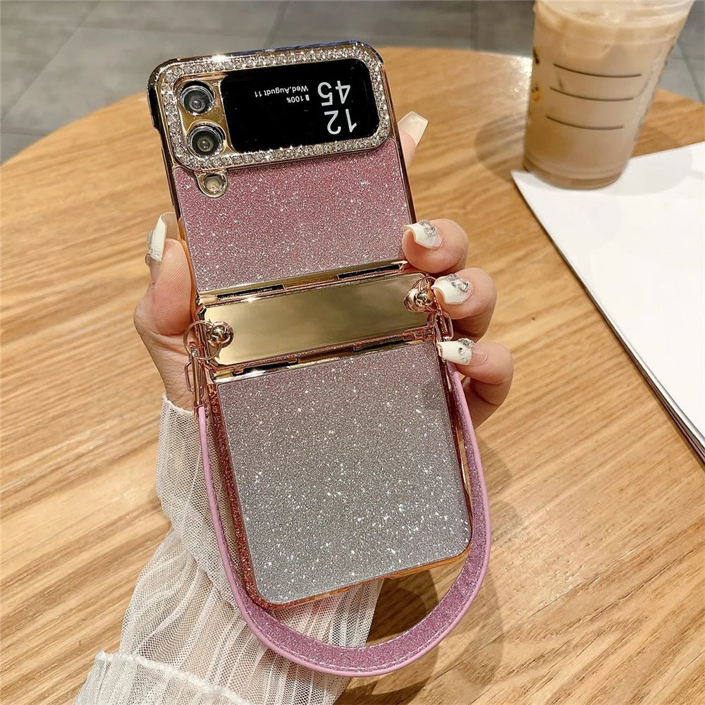 For Samsung Galaxy Z Flip3 5G / Flip4 5G Case Hinge Protection Glitter Hard PC Phone Cover with Strap - Gradient Pink - 1