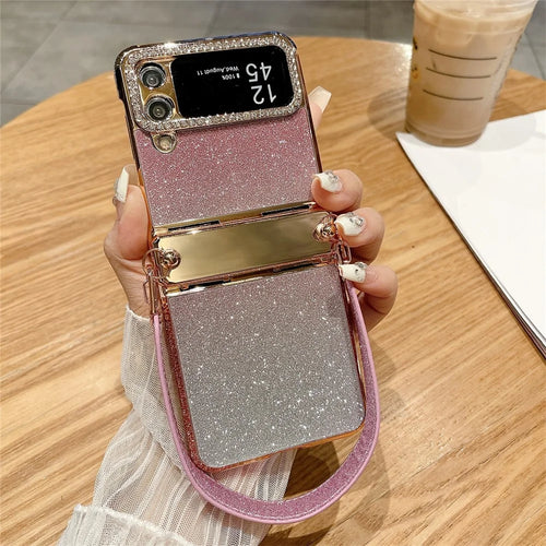 For Samsung Galaxy Z Flip3 5G / Flip4 5G Case Hinge Protection Glitter Hard PC Phone Cover with Strap - Gradient Pink - 1