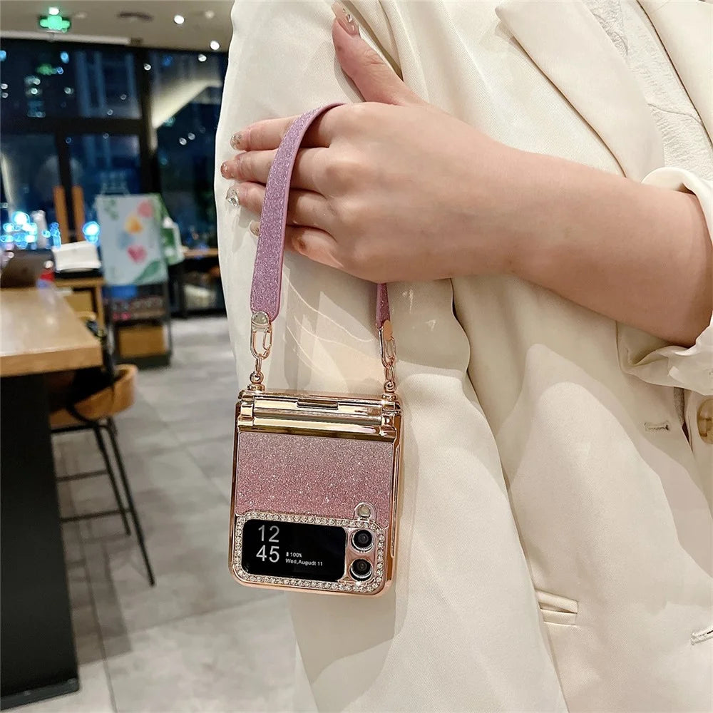 For Samsung Galaxy Z Flip3 5G / Flip4 5G Case Hinge Protection Glitter Hard PC Phone Cover with Strap - Gradient Pink - 2