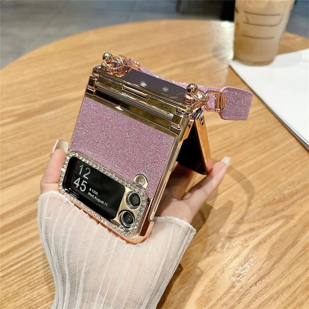 For Samsung Galaxy Z Flip3 5G / Flip4 5G Case Hinge Protection Glitter Hard PC Phone Cover with Strap - Gradient Pink - 3