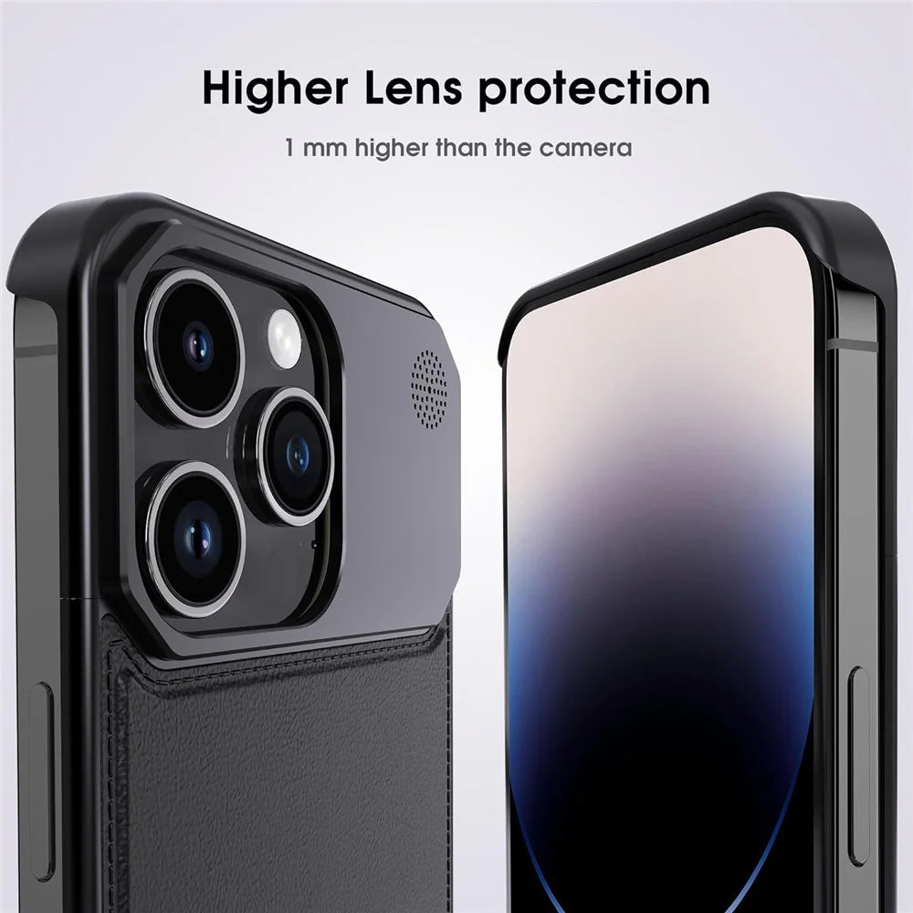 For iPhone 13 Pro Max Magnetic Case Leather+Aluminium Alloy Borderless Aromatherapy Phone Cover - Black - 3