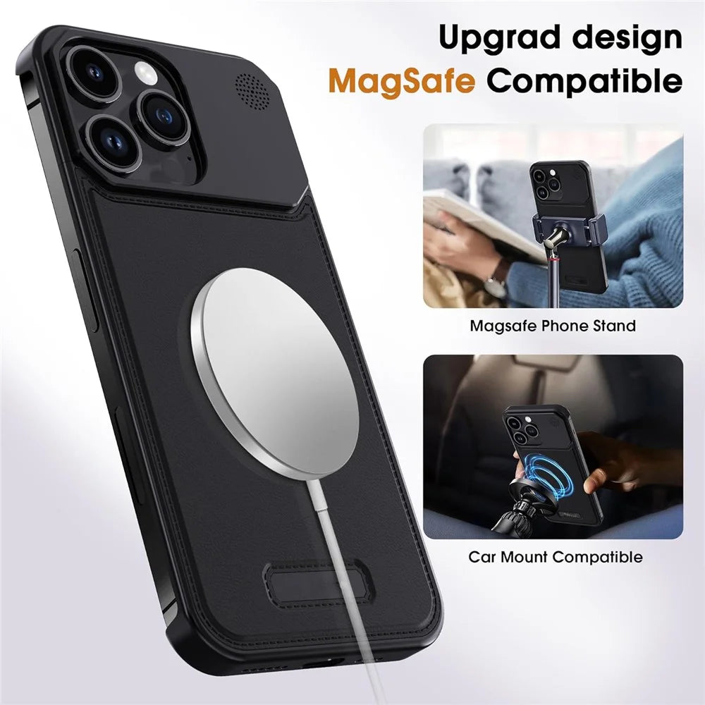 For iPhone 13 Pro Max Magnetic Case Leather+Aluminium Alloy Borderless Aromatherapy Phone Cover - Black - 5