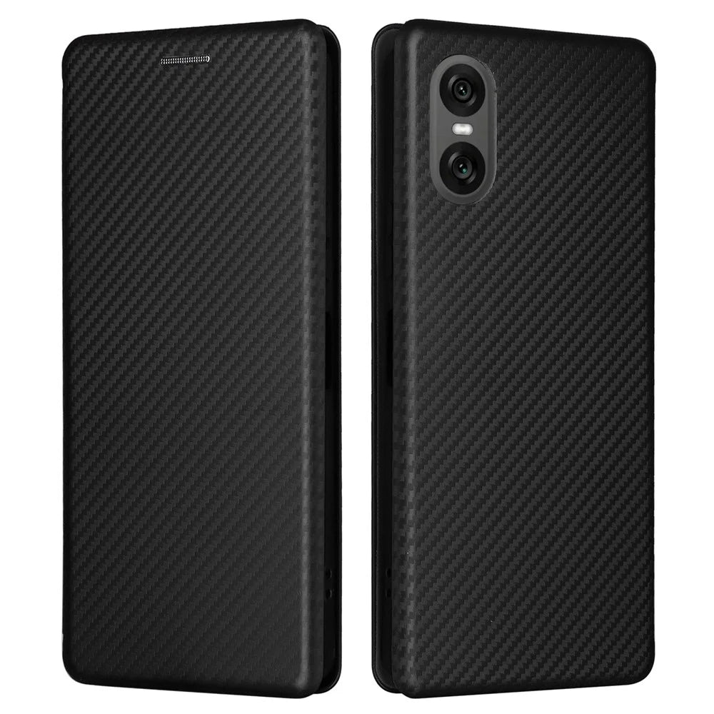 For Sony Xperia 10 VI Case with Card Holder Carbon Fiber Texture Leather Phone Cover - Black - 1
