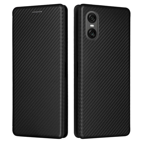 For Sony Xperia 10 VI Case with Card Holder Carbon Fiber Texture Leather Phone Cover - Black - 1
