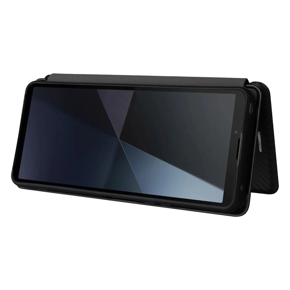 For Sony Xperia 10 VI Case with Card Holder Carbon Fiber Texture Leather Phone Cover - Black - 3
