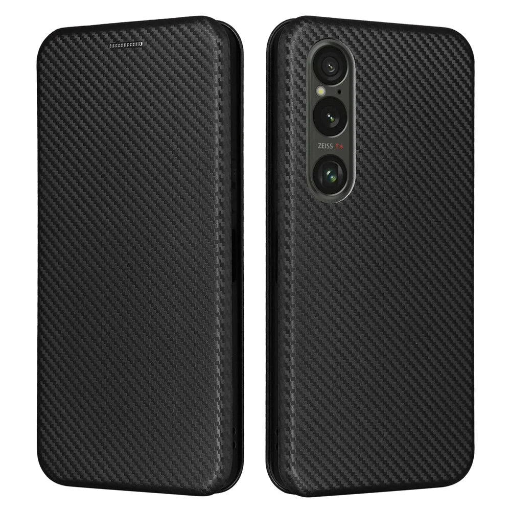 For Sony Xperia 1 VI Case Magnetic Carbon Fiber Texture Leather Phone Cover Full Protection - Black - 1
