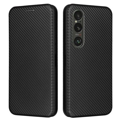 For Sony Xperia 1 VI Case Magnetic Carbon Fiber Texture Leather Phone Cover Full Protection - Black - 1