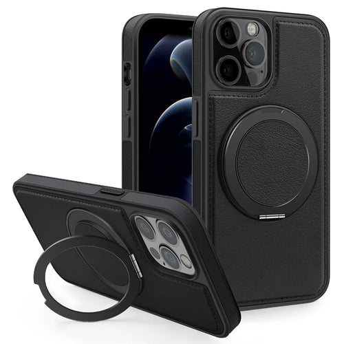 For iPhone 12 / 12 Pro Case with Ring Kickstand Compatible with MagSafe PU Leather Back Cover - Black - 1