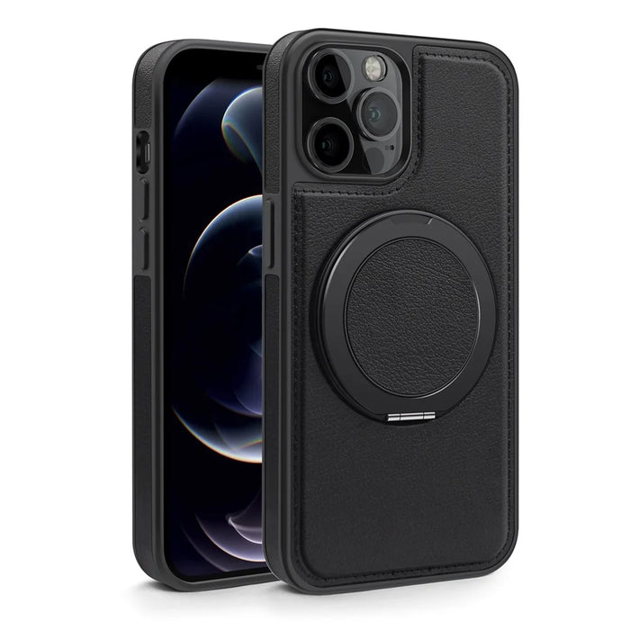 For iPhone 12 / 12 Pro Case with Ring Kickstand Compatible with MagSafe PU Leather Back Cover - Black - 2