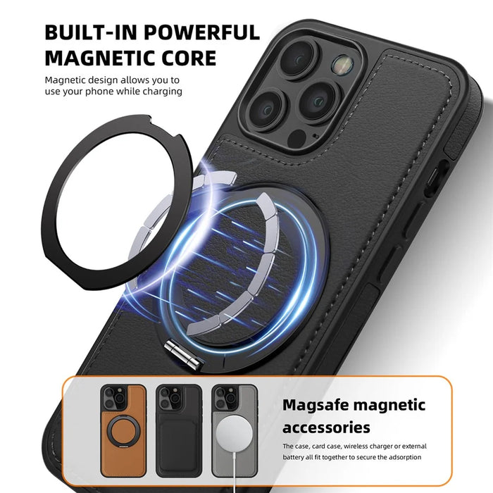 For iPhone 12 / 12 Pro Case with Ring Kickstand Compatible with MagSafe PU Leather Back Cover - Black - 4