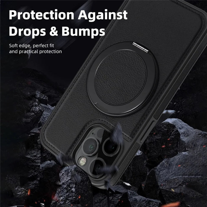 For iPhone 12 / 12 Pro Case with Ring Kickstand Compatible with MagSafe PU Leather Back Cover - Black - 5