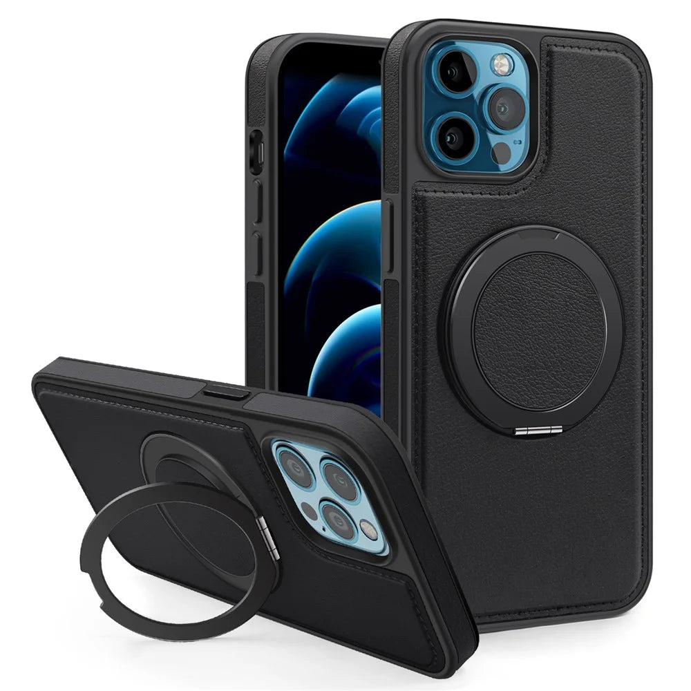 For iPhone 12 Pro Max Case with Ring Kickstand Compatible with MagSafe PU Leather Back Cover - Black - 1