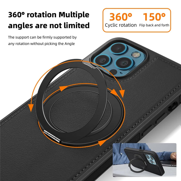 For iPhone 12 Pro Max Case with Ring Kickstand Compatible with MagSafe PU Leather Back Cover - Black - 3