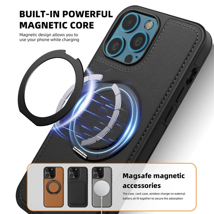 For iPhone 12 Pro Max Case with Ring Kickstand Compatible with MagSafe PU Leather Back Cover - Black - 4