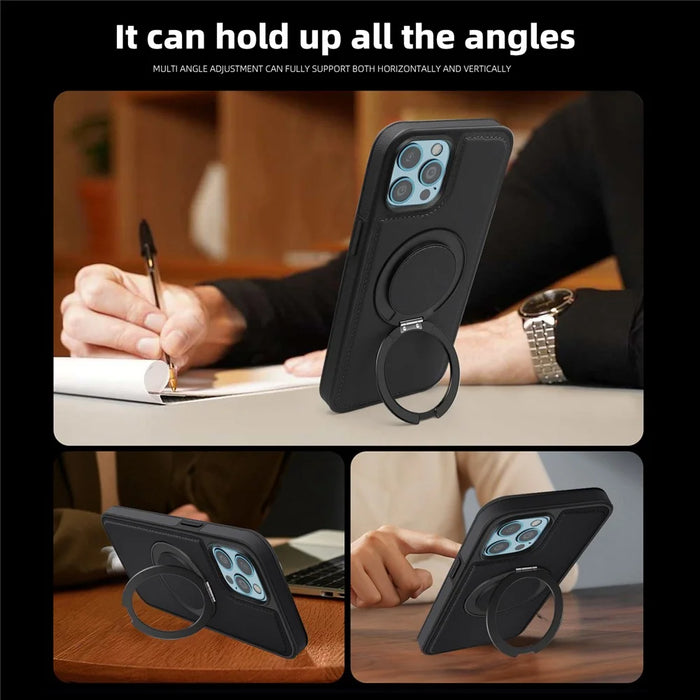 For iPhone 12 Pro Max Case with Ring Kickstand Compatible with MagSafe PU Leather Back Cover - Black - 6