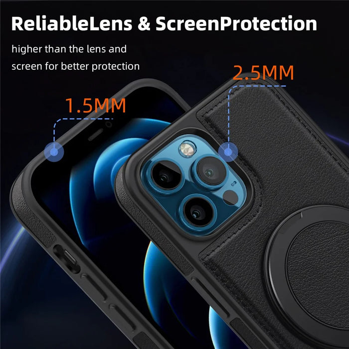 For iPhone 12 Pro Max Case with Ring Kickstand Compatible with MagSafe PU Leather Back Cover - Black - 7