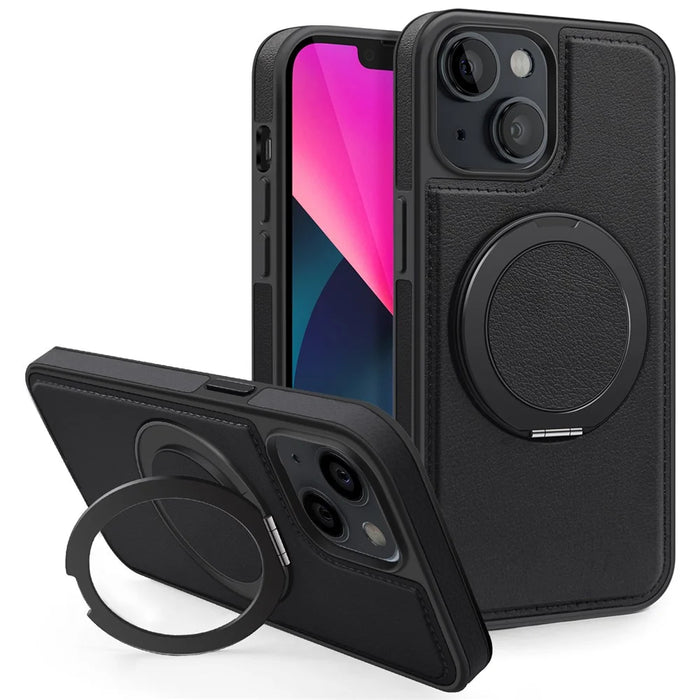 For iPhone 13 Case with Ring Kickstand Compatible with MagSafe PU Leather Back Cover - Black - 1