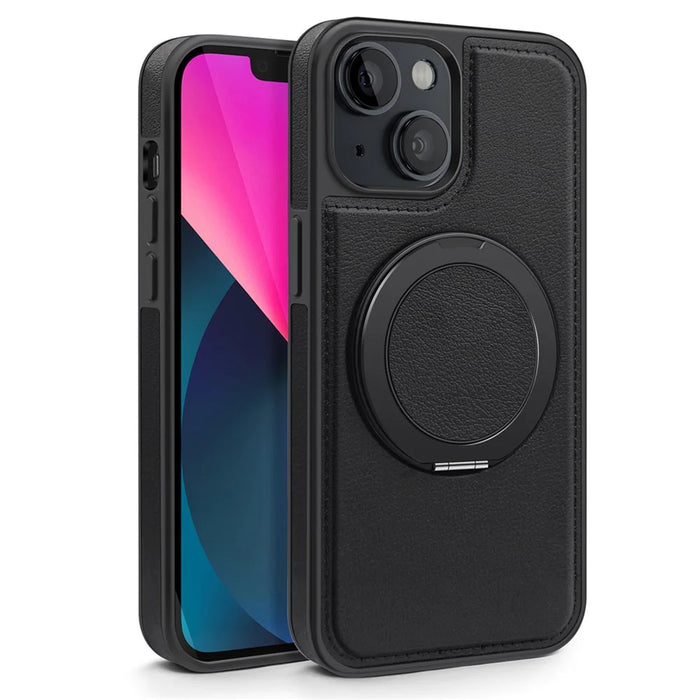 For iPhone 13 Case with Ring Kickstand Compatible with MagSafe PU Leather Back Cover - Black - 2