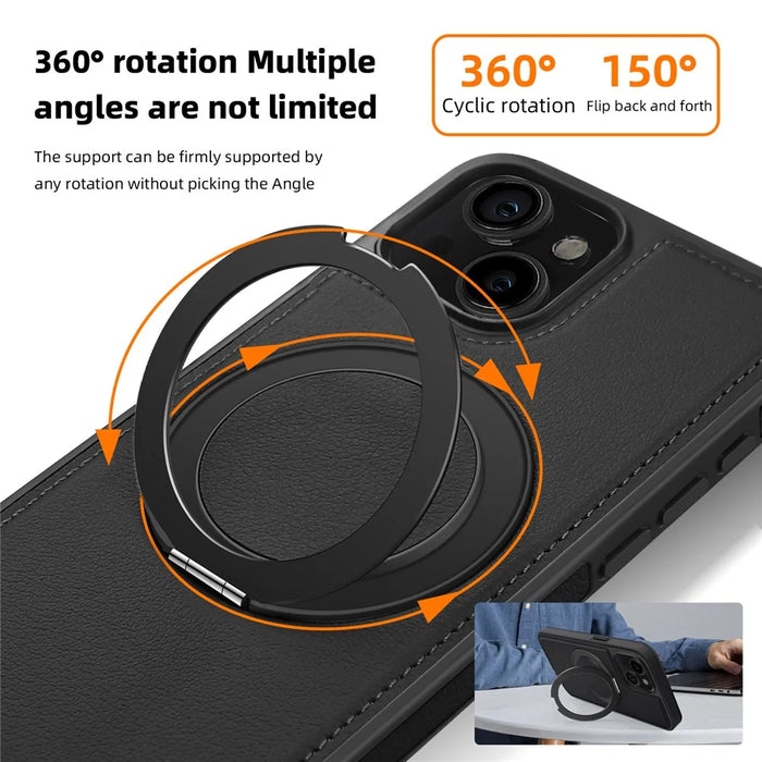 For iPhone 13 Case with Ring Kickstand Compatible with MagSafe PU Leather Back Cover - Black - 3