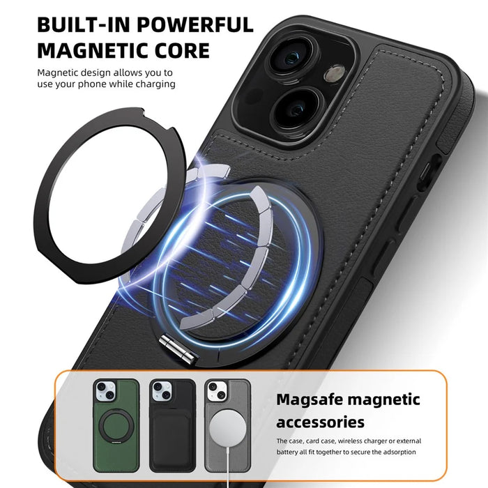 For iPhone 13 Case with Ring Kickstand Compatible with MagSafe PU Leather Back Cover - Black - 4
