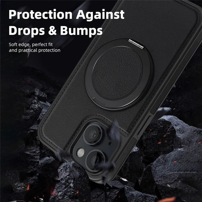 For iPhone 13 Case with Ring Kickstand Compatible with MagSafe PU Leather Back Cover - Black - 5