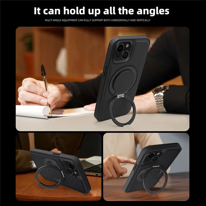 For iPhone 13 Case with Ring Kickstand Compatible with MagSafe PU Leather Back Cover - Black - 6