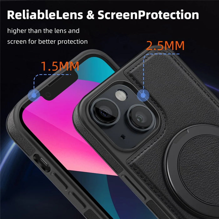 For iPhone 13 Case with Ring Kickstand Compatible with MagSafe PU Leather Back Cover - Black - 7